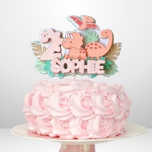 Personalised 3D Cake Topper | Custom Name & Age | Pink Dinosaur Birthday Cake Decor