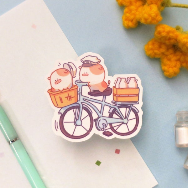 Milk Delivery! / Cute Cows on Bike Die Cut Sticker / Stickers for Water Bottle Bullet Journal iPad Laptop / Laminated Weatherproof Matte