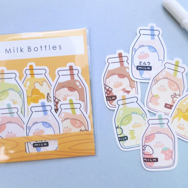 Cows in Milk Bottles Sticker Set / Cute Milk Flavor Die Cut Stickers / Laminated Weatherproof Matte / For Phone iPad Water Bottle Laptop