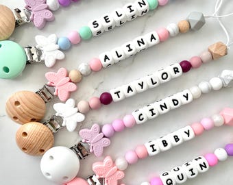 Girls Personalised Butterfly Dummy Clip, Custom Pastel Pacifier Holder, Baby Girl Dummy Clip, Pacifier Chain Newborn Baby Shower Gift Set