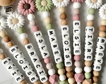 Neutral Beige Personalised Pacifier Clip with Flower, Custom Dummy Holder, Baby Dummy Clip, Silicone Name, Pacifier Chain for Newborn Gift