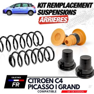Peut inclure: Kit de remplacement de suspensions arrière pour Citroën C4 Picasso I Grand. L'image présente des ressorts hélicoïdaux noirs, des amortisseurs orange et noirs, et des supports en caoutchouc noirs. Le texte comprend "KIT REMPLACEMENT SUSPENSIONS ARRIERES".