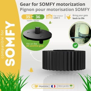 Peut inclure: Engrenage noir pour motorisation SOMFY avec 35 ou 36 dents. L'image contient le texte "Gear for SOMFY motorization" et "Bring your gate back to life". L'engrenage s'adapte sur l'engrenage satellite Z8.