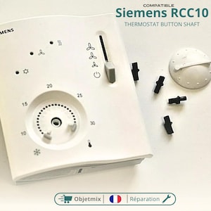 Peut inclure: Un thermostat blanc Siemens RCC10 avec un cadran de température, un curseur et plusieurs tiges de bouton noires. Le texte "COMPATIBLE Siemens RCC10 THERMOSTAT BUTTON SHAFT" est visible. Le thermostat a des marquages de température de 10 à 30.