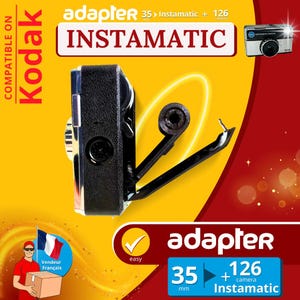 Peut inclure: Un adaptateur noir pour appareils photo Instamatic, avec le texte "adapter 35 + 126 camera Instamatic." L'adaptateur est compatible avec les appareils photo Kodak. L'image a un fond jaune et rouge.