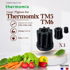 Peut inclure: Engrenages/pignons noirs de remplacement pour Thermomix TM5 et TM6. L'image montre trois engrenages noirs, le plus grand étant au centre. Le texte comprend "Compatible pour Thermomix" et "Facile à installer."