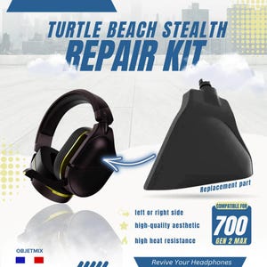 Può includere: Immagine di un kit di riparazione Turtle Beach Stealth. L'immagine mostra un'auricolare nera con dettagli dorati e un pezzo di ricambio nero. Il testo include "lato sinistro o destro", "estetica di alta qualità" e "alta resistenza al calore". Il kit è compatibile con le cuffie 700 Gen 2 Max.