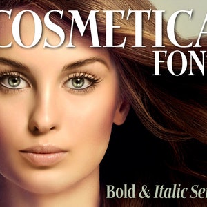 Peut inclure: Gros plan sur le visage d'une femme avec de longs cheveux bruns. Le texte "COSMETICA FONT" est affiché en gras, police serif au-dessus de la tête de la femme. Le texte "Bold & Italic Serif" est affiché sous le visage de la femme.