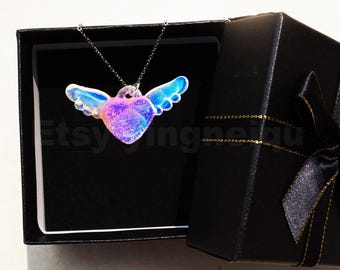 Glass Pendant Angel Heart,Glass Blown Pendant,Hand Made Jewelry Heart,Anniversary Gifts,Birthday Gifts