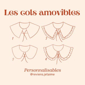 May include: A diagram showing four different styles of detachable collars, labeled 1 through 4. The collars are all white and have a simple design. The text "Les cols amovibles" is at the top of the image, and the text "Personnalisables @reviens.jetaime" is at the bottom.