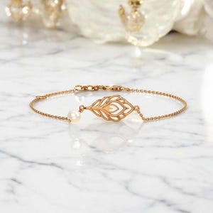 14k Rose Gold Plated Leaf Bracelet, Moissanite & Lab Diamond, Pearl Accent, 7&quot; Adjustable, Prong Setting, Elegant Gift for  Anniversaries