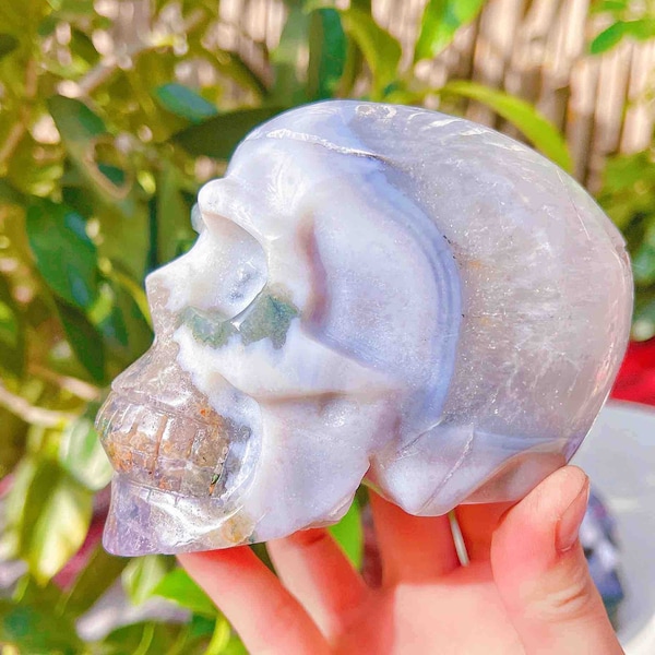 1.749lb，3.85in，Natural Moss Agate Skull,Quartz Crystal Skull,Crystal Heal,Crystal Carving,Crystal Sculpture,Mineral specimen,Crystal Gifts