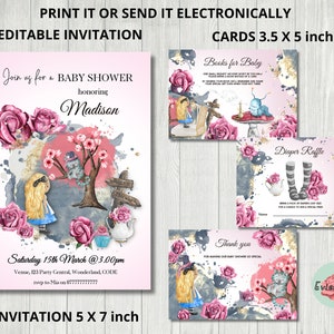 Wonderland Baby Shower Invite, Thank You Card, Diaper Raffle, Books for Baby, Rose Party Decor