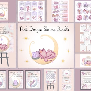 Pink and Purple Dragon Baby Shower Bundle, Dragon Princess Printable Decoration, Editable Invite, Fun Games, Tags and Toppers, Cake Toppers