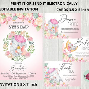 Lot d'invitations Dumbo roses, invitation imprimable bébé éléphant, carte de remerciement modifiable rose florale, invitation numérique mère et bébé, bébé fille