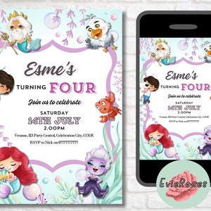 Little Mermaid Invitation, Pink and Turquoise Party Invite, Under the Sea Printable Party Supplies, Lilac Party Decor, Ariel Invite E1145