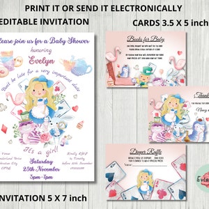 Tea Party Baby Shower Invite, It's a girl Baby Shower Evite, Cute Wonderland Baby Shower Invite, Thank You Card, Diaper Raffle Card