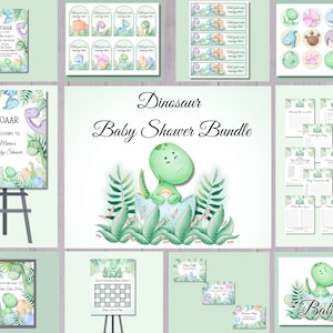 Dinosaurier-Babyparty-Bundle, Baby-Dinosaurier-Einladung, Willkommensschilder, Duschspiele, Tags, Topper, Flaschenetiketten, Errate die Ankunft, Karten