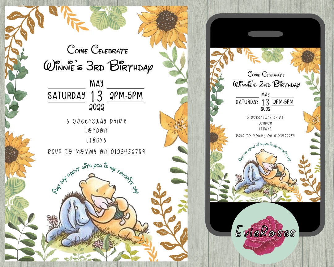 Winnie the Pooh Invitation, Pooh Bear Birthday Evite, Winnie the Pooh