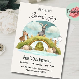 Könnte beinhalten: Eine Geburtstagseinladung mit einer fantasievollen Illustration eines grünen Monsters unter einer Brücke mit drei Ziegen. Der Text lautet "Schließen Sie sich uns an für einen ganz besonderen Tag, Ruans 5. Geburtstag, Samstag, den 5. Januar von 13:00 bis 17:00 Uhr, Veranstaltungsort: 123 Party Central, Celebration Cite, CODE, RSVP an Ringo unter 033322211".