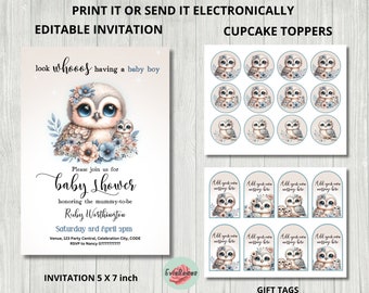 May include: Printable baby shower invitation with a cute cartoon owl and the text "look whooos having a baby boy". The invitation is 5 x 7 inches and includes cupcake toppers and gift tags with the same owl design.