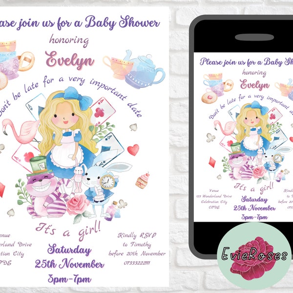 Tea Party Baby Shower Invite, It's a girl Baby Shower Evite, Cute Wonderland Baby Shower Invite, Teaparty Baby Shower Text Evite E248