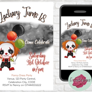 Scary Clown Fancy Dress Party Invite, Horror Movie Fancy Dress Party Text Evite, Funny Adult Birthday Invitation, Gothic Clown Invite E411