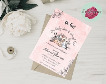 Little Deer Baby Shower Invitation: Pink Watercolor (Digital)