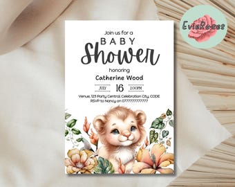 May include: Baby shower invitation featuring a watercolor lion cub surrounded by floral elements. The invitation text reads "Join us for a BABY Shower honoring Catherine Wood" with date and time details. The EvieRoses logo is in the upper right corner.
