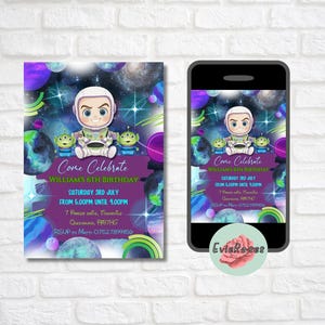 Può includere: Un invito di compleanno con un astronauta dei cartoni animati e alieni su uno sfondo spaziale. L'invito include il testo "Come Celebrate" e i dettagli dell'evento, con colori viola e blu.