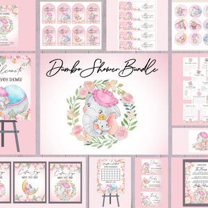 Pacote de chá de bebê Dumbo, convite de elefante bebê, placas de boas-vindas editáveis, rótulos de mamadeira, etiquetas, toppers, jogos, pôster, cartões