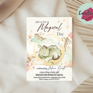 May include: A baby shower invitation featuring a watercolour illustration of a green dragon sleeping on a crescent moon. The invitation text reads "Join us for a Magical Day celebrating Marin Smith expecting a baby girl Saturday 5th September 2:00PM Venue: 123 Neverland Drive, Celebration City, CODE RSVP to Nancy on 07777777777"