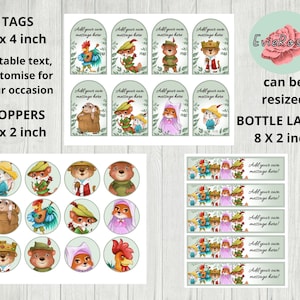 Robin Hood Bottle Labels, Tags and Toppers, Woodland Adventure Party Decor, Greenery Decoration, Printable Kids Party Bundle