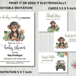 Lot d'invitations baby shower singe, invitation singe coquin, carte de remerciement bébé singe, pack fête jungle imprimable, tombola de couches modifiables