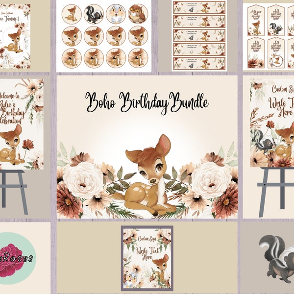 Little Deer Kids Birthday Party Bundle, Boho Animal Birthday Party Invite, Floral Boho Party Package, Baby Deer Tags and Toppers, Boho Decor