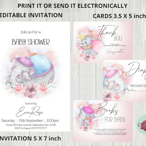 Roze babyshowerbundel, bewerkbare olifant babyshoweruitnodiging, bedankkaart, boeken voor babykaart, luierloterijkaart, digitale download
