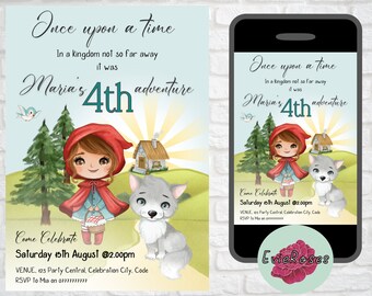 Little Red Riding Hood Invite, Cute Fairy tale Birthday Evite, Colorful Party Decor, Magical Kingdom Editable Supplies E881