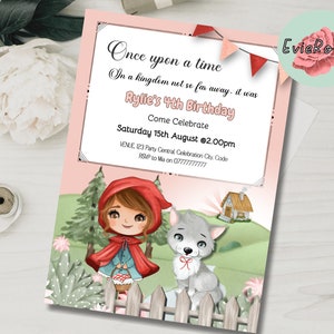 May include: A pink and red birthday invitation with a cartoon illustration of Little Red Riding Hood and a wolf. The text reads "Once upon a time in a kingdom not so far away, it was Rylie's 4th Birthday. Come Celebrate Saturday 15th August @2.00pm VENUE, 123 Party Central Celebration City Code RSVP to Ma on 0777777777 EvieRoses"