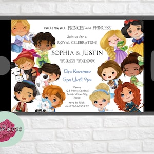 Invitation d'anniversaire princesse et prince, invitation à une fête commune, invitation à une soirée costumée pour enfants, carte RSVP d'anniversaire avec personnage de dessin animé modifiable