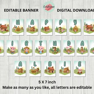 Puede incluir: Banner editable con las palabras "Happy Birthday" en letras verdes con una ilustración de cerdo y casa en cada letra. El banner mide 5x7 pulgadas y las letras son editables.