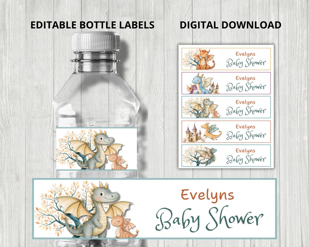 Colorful Dragon Bottle Labels, Cute Dragon Party Label, Boys Baby ...