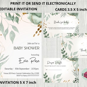 Bundle de verdure pour baby shower, invitation modifiable vert sauge, carte de remerciement bohème, carte de tombola de couches, carte de livres pour bébé, téléchargement numérique