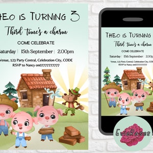 Third Birthday Invite, Little Pigs Text Evite, Fairy Tale Party Decor, Toddler Party Supplies E945