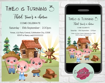Three Little Pigs Invite, Third Birthday Text Evite, Cute Fairy Tale Party Decor, Toddler Party Supplies E945