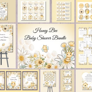 Honey Bee Baby Shower Bundel, Little Honey Party Decor, Zonnebloem en Bee Hive Decor, Genderneutrale borden, Tags, Toppers, Labels, Games