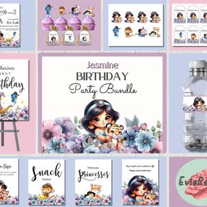 Jasmine Birthday Bundle, Purple Princess Party Invite, Printable Aladdin Sign, Bottle Labels, Gift Tags, Cake Topper, Editable Decor