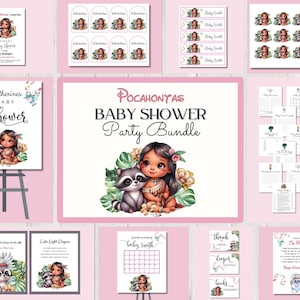 May include: A printable baby shower party bundle featuring a cartoon illustration of Pocahontas and Meeko from the Disney movie Pocahontas. The bundle includes a variety of printable items such as invitations, games, decorations, and thank you cards. The design features a pink and green color scheme with floral accents.
