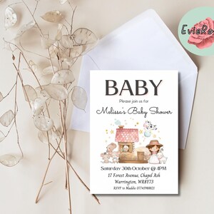 Invitation comptine rose, Evite de texte minimaliste pour baby shower, carte RSVP pour trois souris aveugles non sexiste, Little Bo Peep Invite E1965