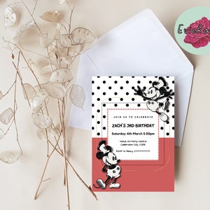 Classic Micky Mouse Invite, Steamboat Mickey Black and Red Polka Dot Decor, Minimalist Mickey Evite, Elegant kids Party Decor, E1444