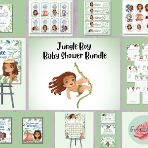 May include: Jungle Boy themed baby shower printable bundle with green and brown color scheme. Includes a welcome sign, a sign that says "A little prince is on the way", a sign that says "Welcome to Charlotte's Baby Shower", a sign that says "Custom Sign Write Here", a baby shower game, a diaper raffle sign, a thank you sign, and a set of favor tags.